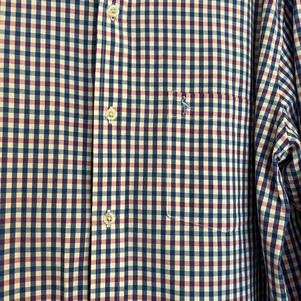 TailorByrd Button Down‎ Shirt Flamingo Logo L Navy Pink Gingham Check